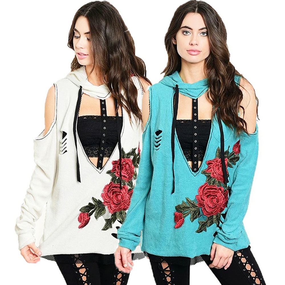 Moto Hippie Distressed Hoodie Tunic Sweater Top WT - Picture 8 of 8